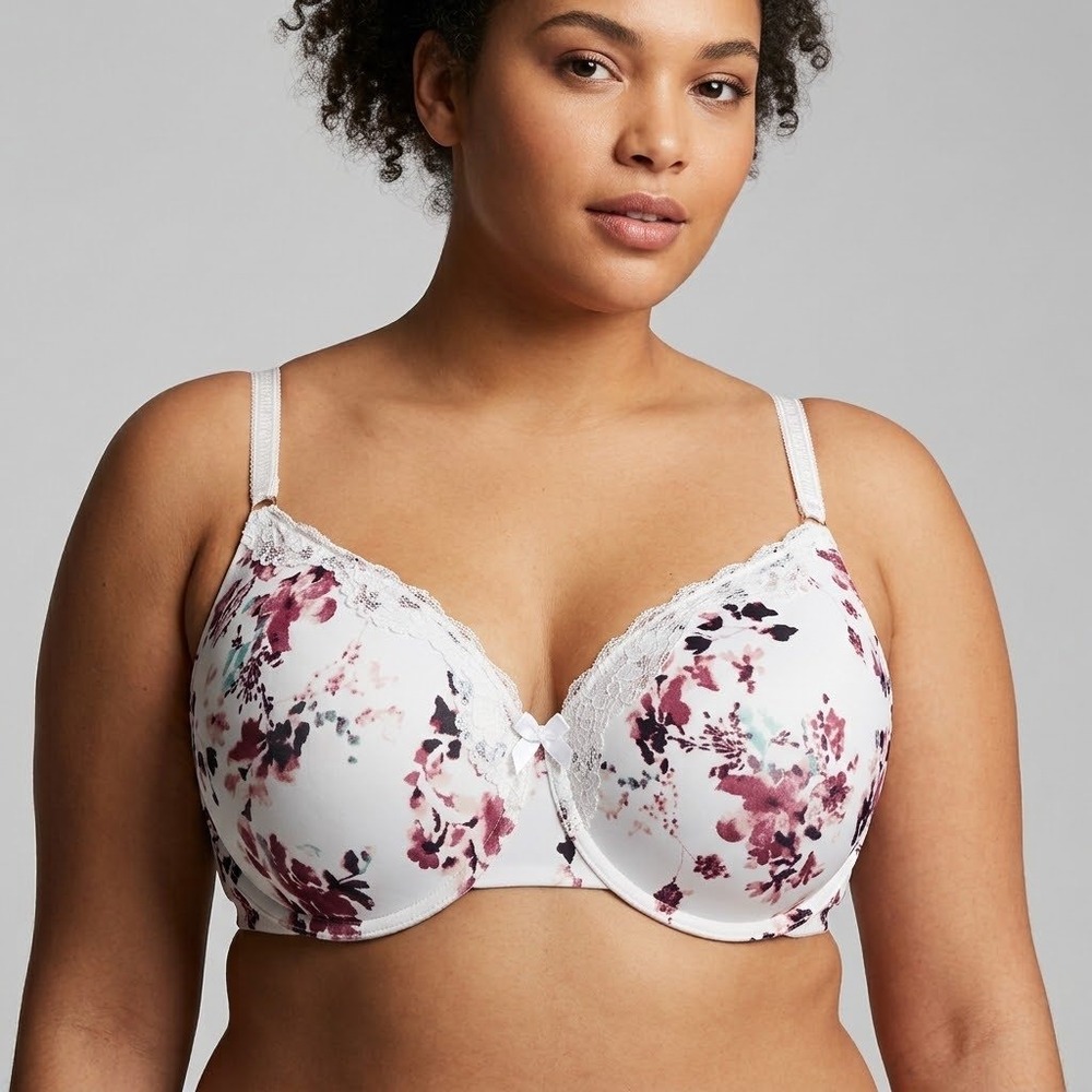 Carisma Bra 40DD Floral T-Shirt Lace Trim Underwire White Purple Pink Romantic